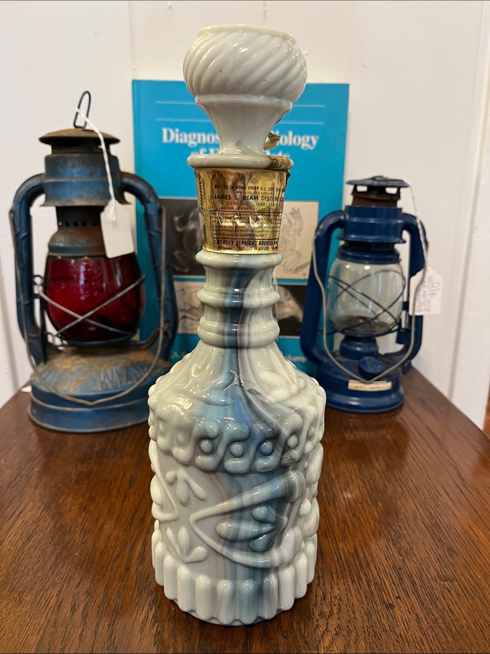Vintage 1972 Jim Beam "marbleized crystal" or slag glass whiskey decanter